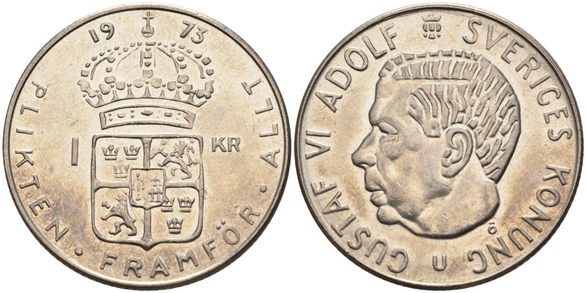 Швеция 1 крона 1973 U, Густав VI Адольф (1950-1973) KM 826a медь плакированный медно-никелем 4150-355