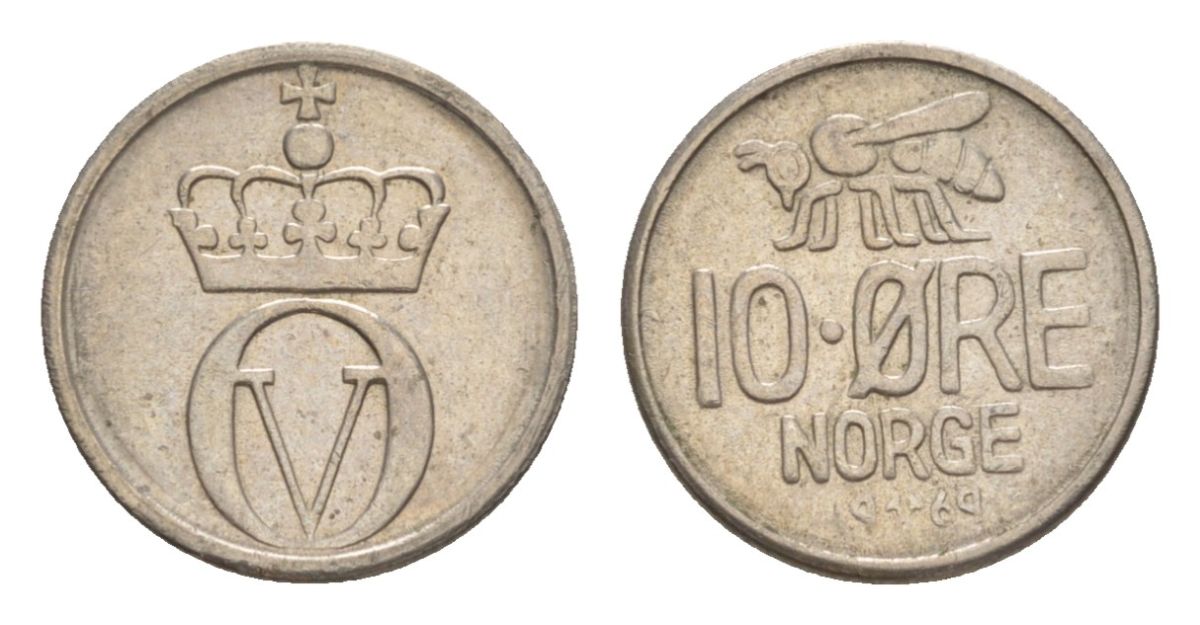 Норвегия 10 эре 1964 Улаф V (1957-1991) KM 411 медно-никель aUNC 4632-1151