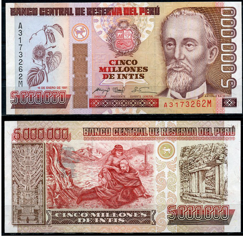 Перу 5000000 инти 1991 Антонио Раймонди, спасение индейцем Pick 150  бумага  UNC (пресс) 451-728-2