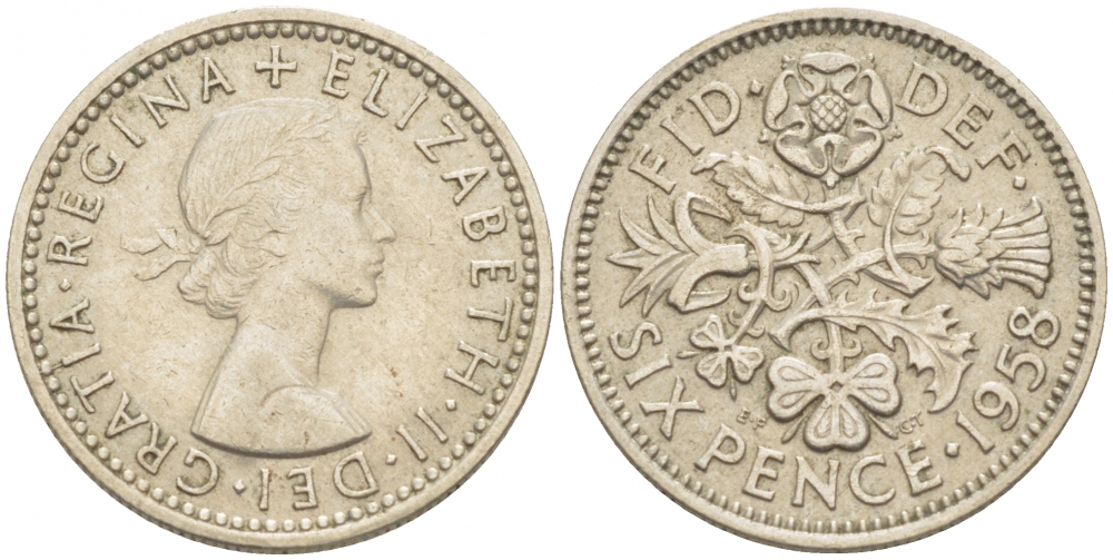 Великобритания 6 пенсов 1958 Елизавета II (1952-2022) KM 903, Spink 4149 медно-никель 214-1064
