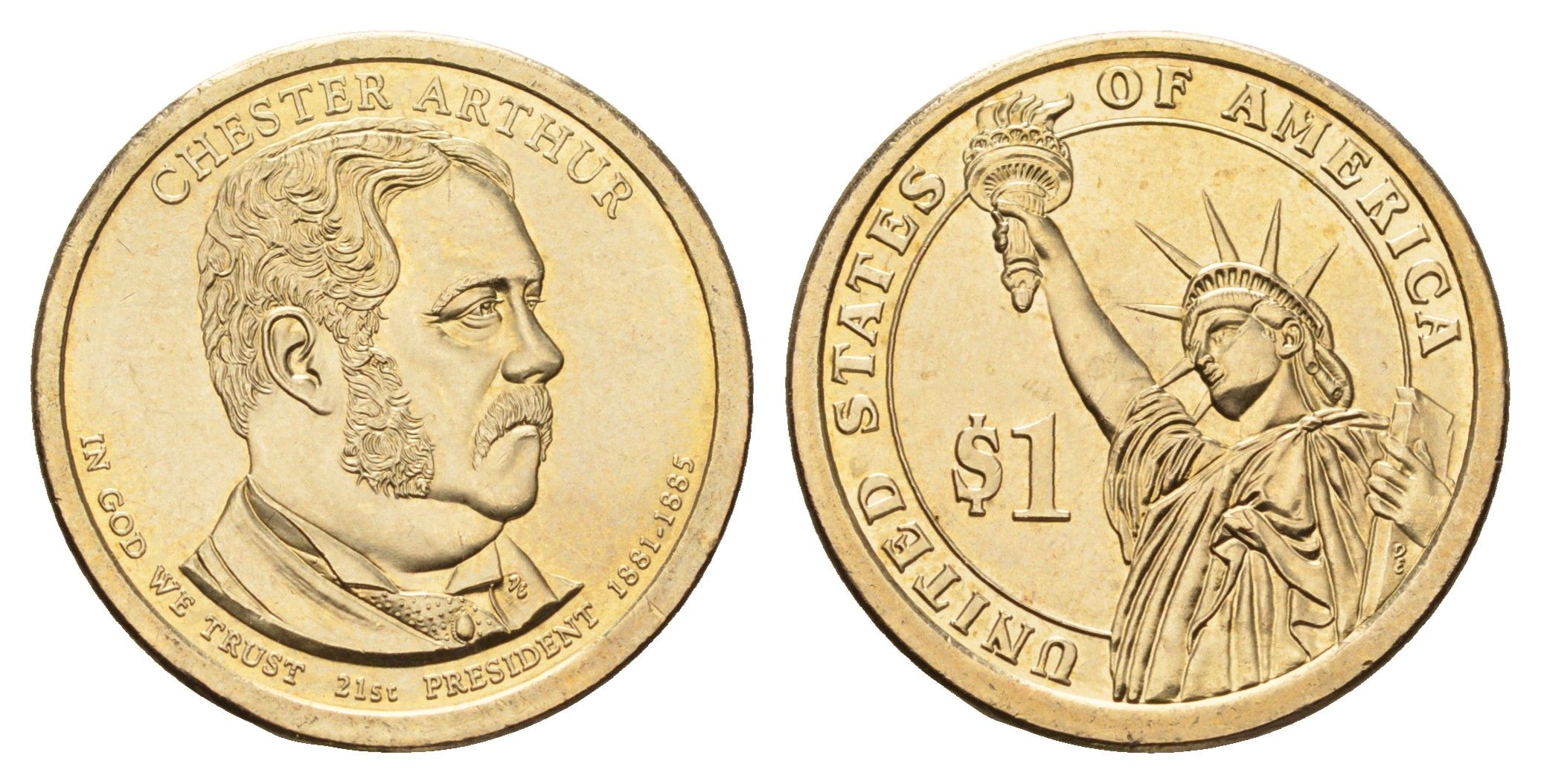 США 1 доллар 2012 P, Президент США - Честер Алан Артур (1881–1885) KM 524 медь с марганцево-латунным покрытием UNC 4624-722
