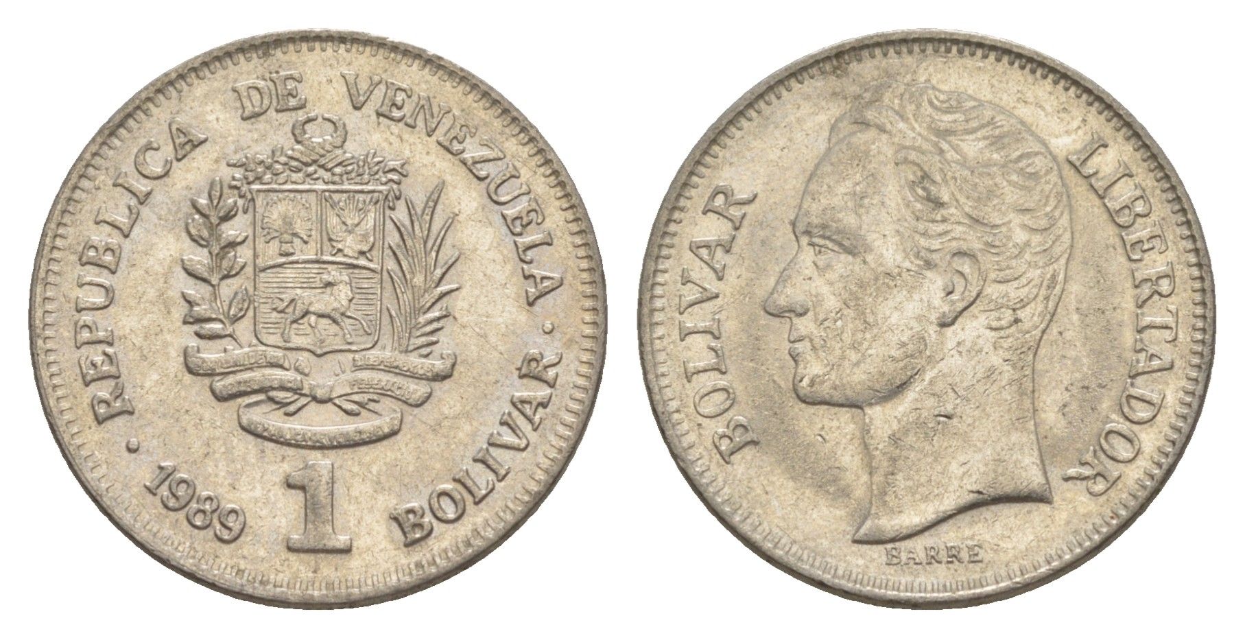 Венесуэла 1 боливар 1989 Симон Боливар, тонкий шрифт Y 52a.1 сталь плакированная никелем 4589-1235