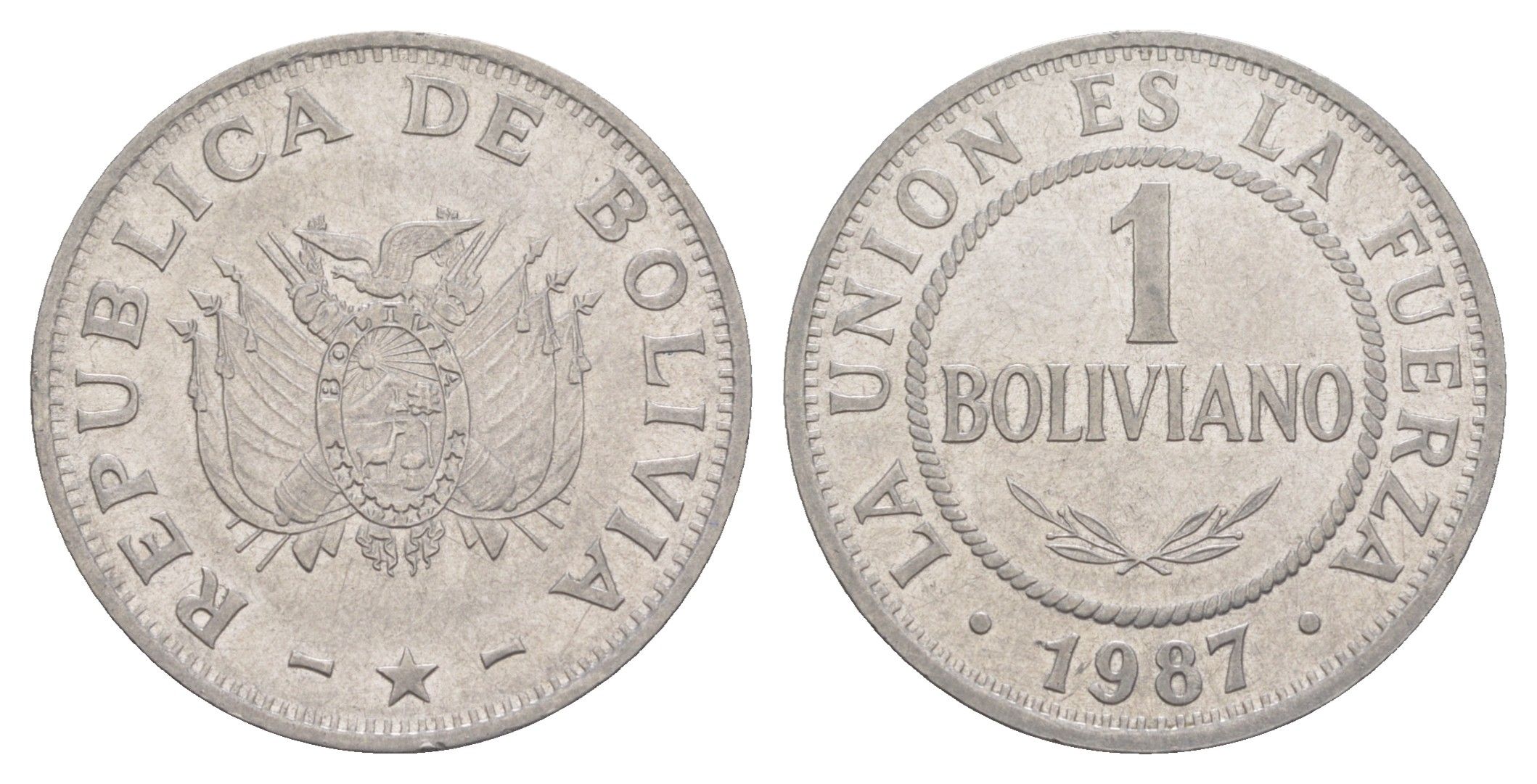 Боливия 1 боливиано 1987 KM 205 нержавеющая сталь 4646-711