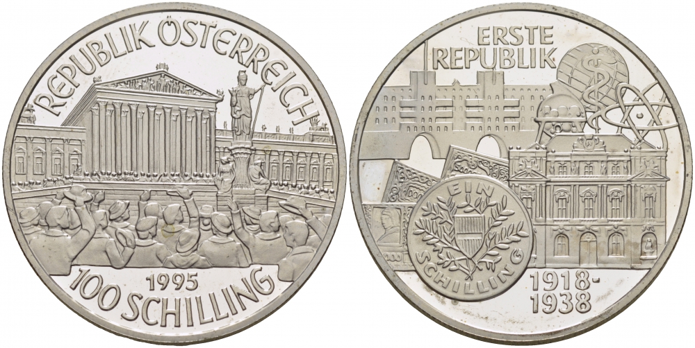 Австрия 100 шиллингов 1995 первая Республика, шиллинг KM 3034 серебро PROOF 1099-2-24