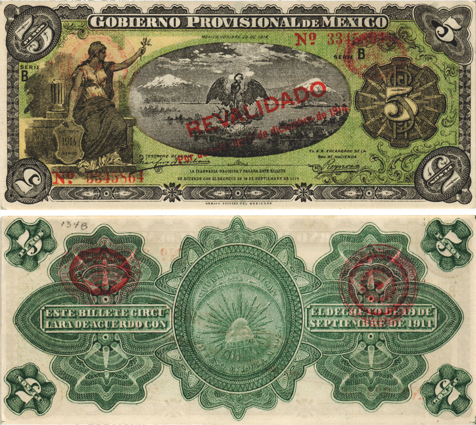 Мексика, Революция 5 песо 1914 Переходное правительство Мексики, город Мехико, надпечатка REVALIDADO Pick S702b бумага 6283-26-3