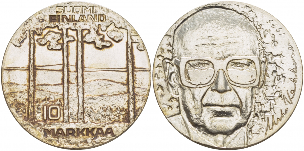 Финляндия 10 марок 1975 S-H, 75 лет президенту Урхо Кекконену KM 54 серебро UNC 1515-1532