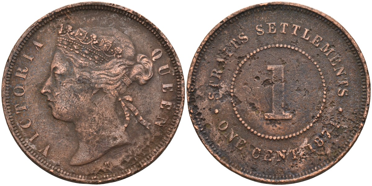 Стрейтс-Сетлментс 1 цент 1874 Виктория (1837-1901), Ост-Индская компания KM 9 медь 4590-346