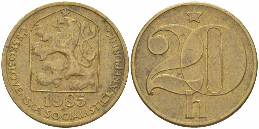 ЧЕХОСЛОВАКИЯ 20 ГЕЛЛЕРОВ 1985 KM 74 латунь 3309-668
