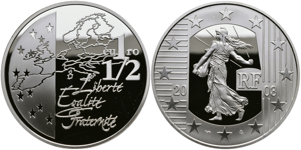 Франция 1 1/2 евро 2003 сеятель, евросоюз KM 2003 серебро PROOF 1068-10-12