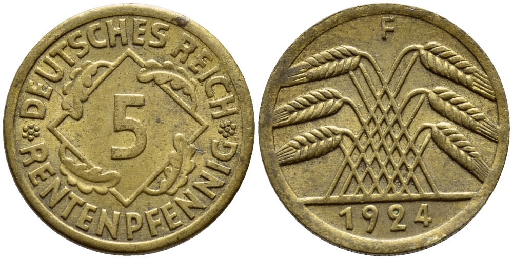 ГЕРМАНИЯ 5 РЕНТЕНПФЕННИГОВ 1924 F, KM 32, J. 308 алюминиевая бронза 4396-1161