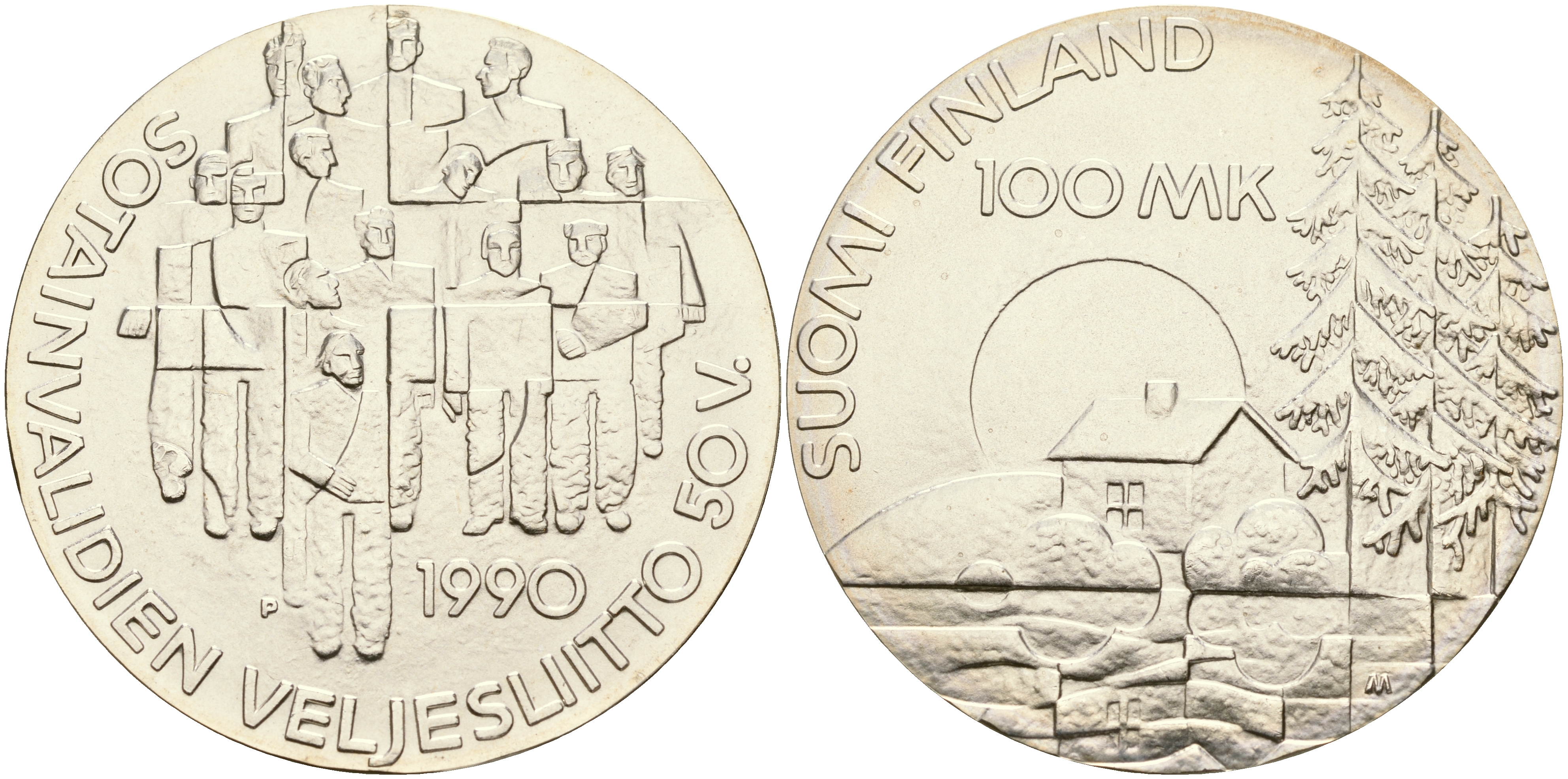 Финляндия 100 марок 1990 50 лет ассоциации ветеранов войны KM 67 серебро UNC 1066-4-24