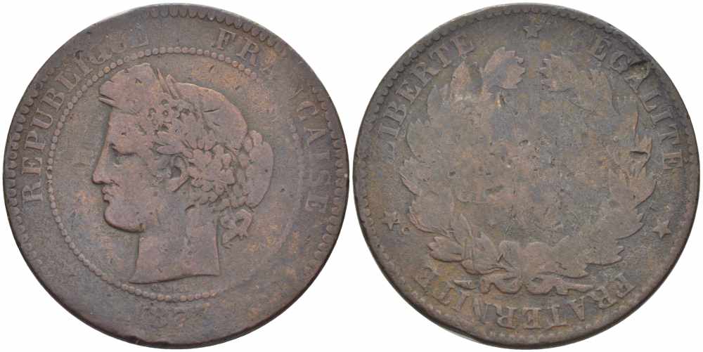 ФРАНЦИЯ 10 САНТИМОВ 1873 K, ТРЕТЬЯ РЕСПУБЛИКА (1871-1940) KM 815.2, LA FRANC 135.11 бронза 4389-1221