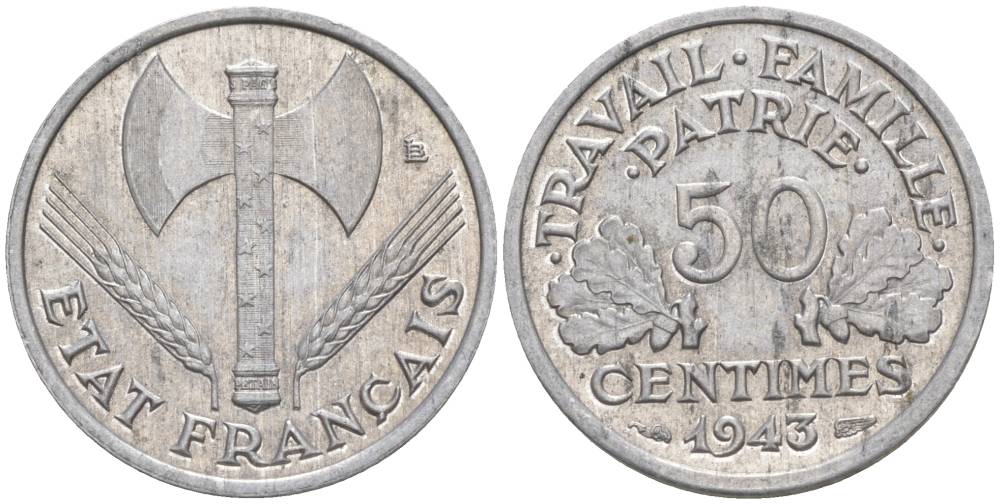 ФРАНЦИЯ 50 САНТИМОВ 1943 ТИП FRANCISQUE, LOURDE, ПРАВИТЕЛЬСТВО ВИШИ KM 914.1, LE FRANC 196.1 алюминий 44-342