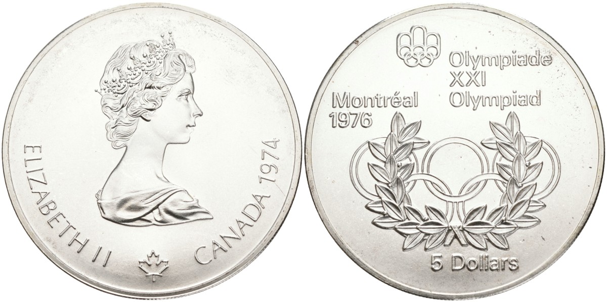 Канада 5 долларов 1974 XXI летние Олимпийские игры в Монреале 1976 года, Олимпийские кольца KM 89 серебро UNC 02-251-56
