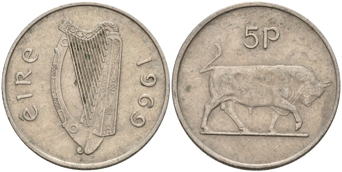 Ирландия 5 пенсов 1969 бык KM 22 медно-никель 4146-522