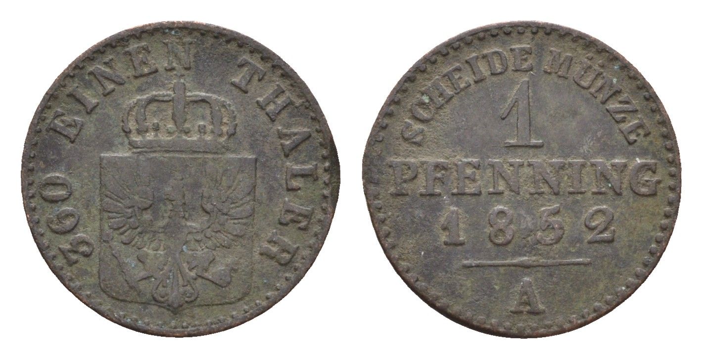 Пруссия 1 пфенниг 1852 A, Фридрих Вильгельм IV (1840-1861) KM 451 медь 4151-764