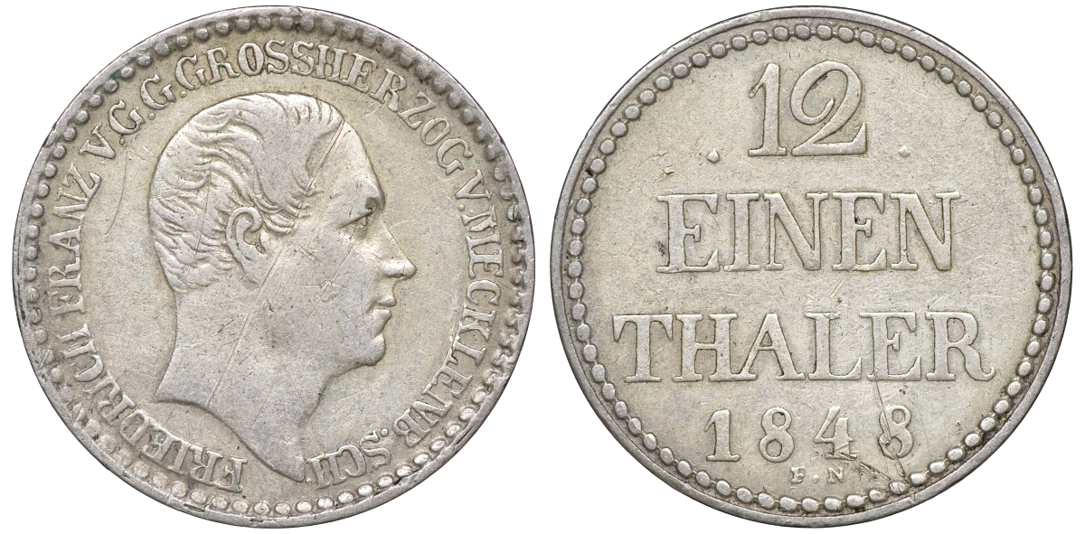 Мекленбург-Шверин 1/12 талера 1848 A, Фридрих Франц II (1842-1883) KM 302 серебро 1523-1022