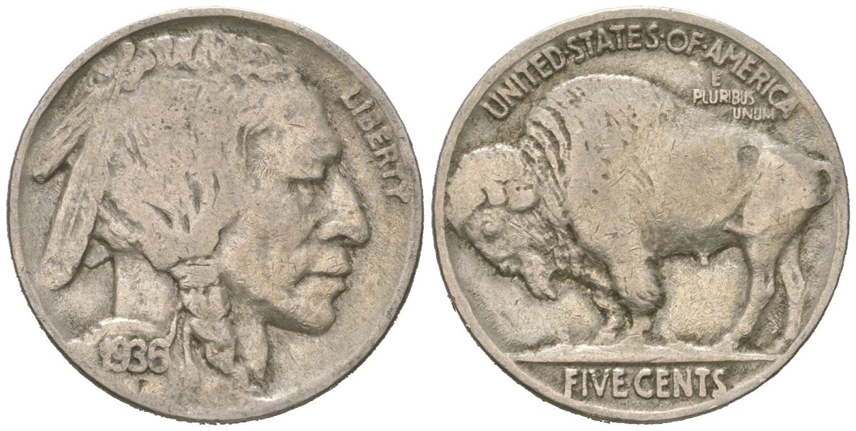 США 5 центов 1936 индеец, бизон KM 134 медно-никель 4614-1242