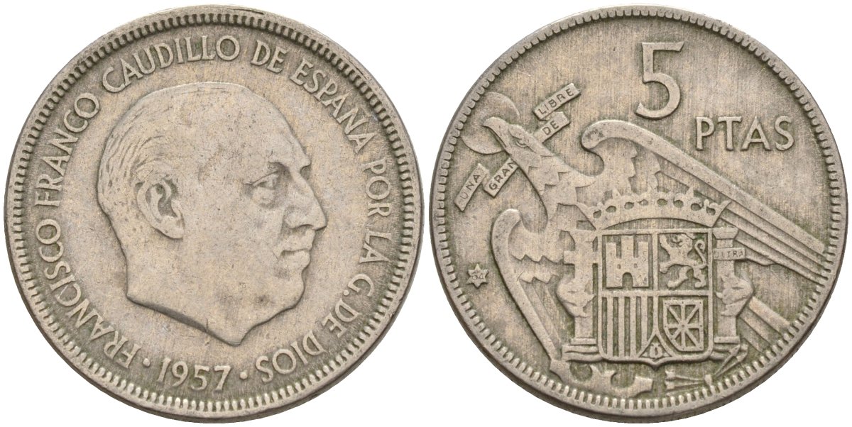 Испания 5 песет 1957 (64) Франсиско Франко (1939 - 1975) KM 786 медно-никель 4155-542