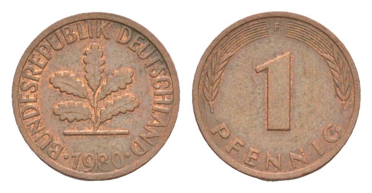 ФРГ 1 пфенниг 1980 F KM 105, J.380 сталь плакированная медью 4630-869