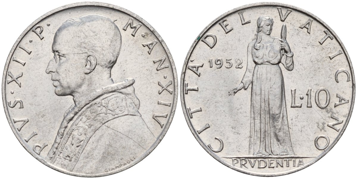 Ватикан 10 лир 1952 Папа Пий XII KM 52 алюминий 4187-817