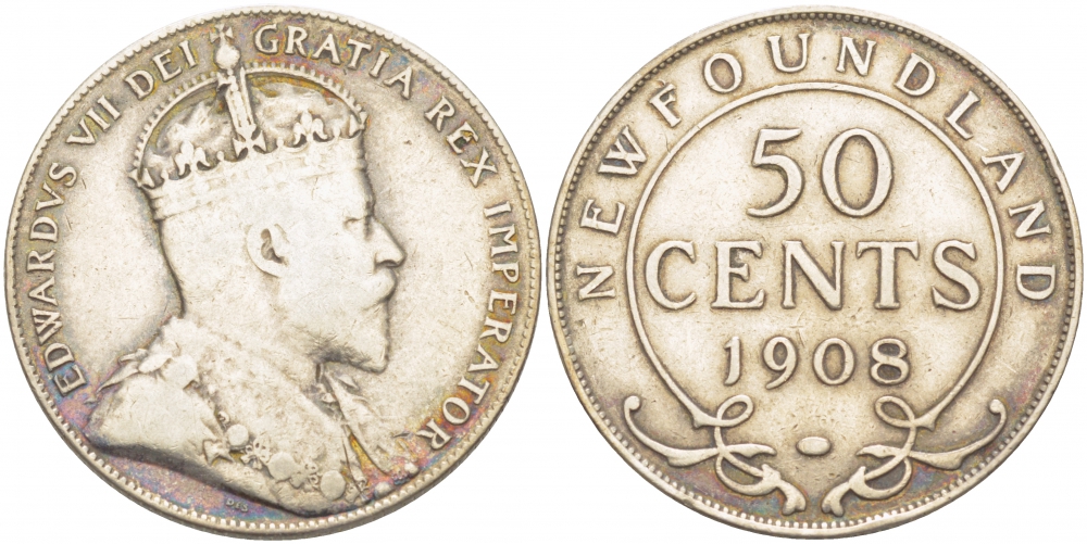 Ньюфаундленд 50 центов 1908 Эдуард VII (1901-1910) KM 11 серебро 650-1213