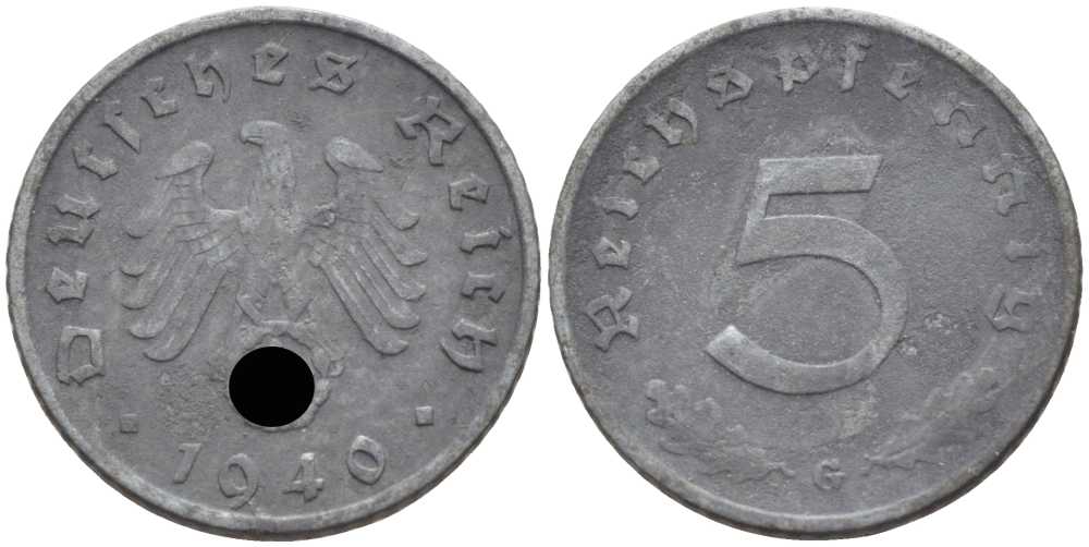 ГЕРМАНИЯ 5 РЕЙХСПФЕННИГОВ 1940 G KM 100, J. 370 цинк 105-237