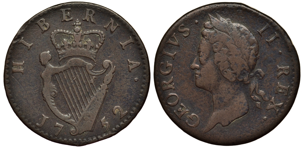 ИРЛАНДИЯ 1/2 ПЕННИ 1752 ГЕОРГ II KM 135 медь 1524-1223