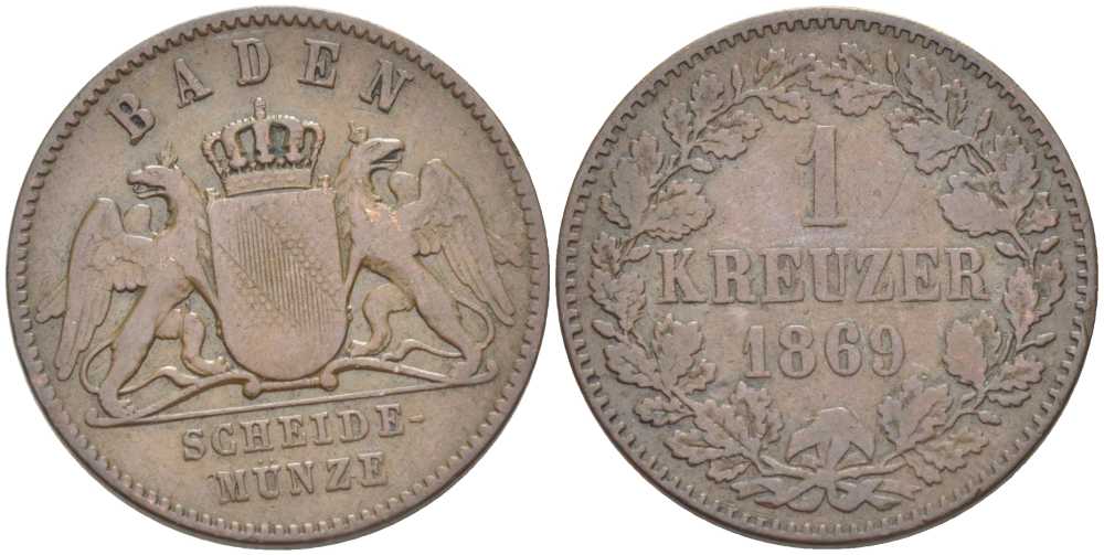 Баден 1 крейцер 1869 Великий Герцог Фридрих I (1856-1907) КМ 242 медь 117-837