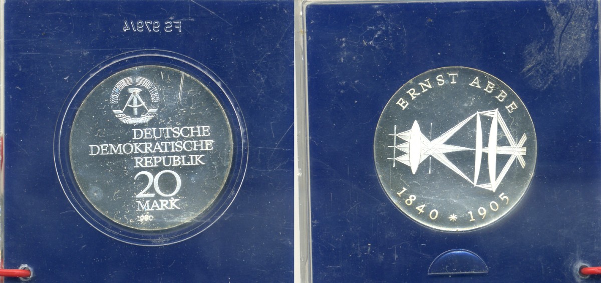 ГДР 20 марок 1980 А, 75 лет со дня смерти Эрнста Аббе, в оригинальной пластиковой упаковке, с пломбой KM 78 серебро PROOF 01-160-21-2