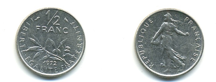 Франция 1/2 франка 1972 сеятель KM 931.1, LE FRANC 198.11 никель 80-911