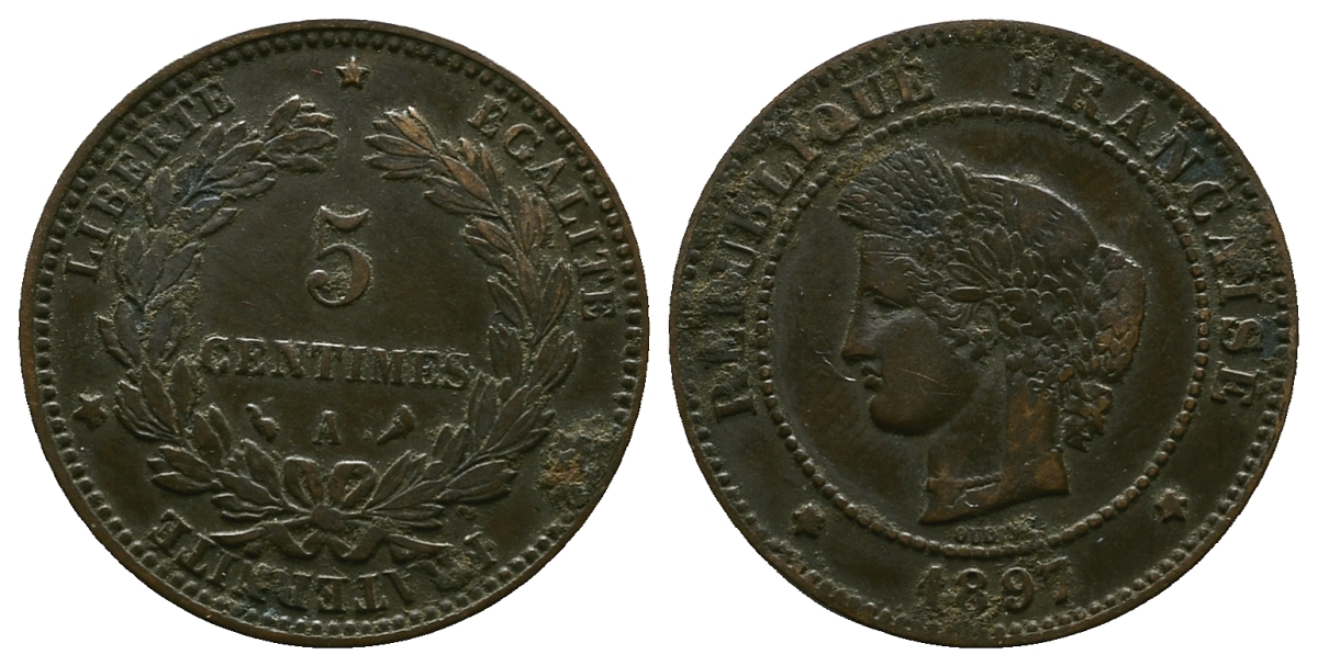 ФРАНЦИЯ 5 САНТИМОВ 1897 A, ТРЕТЬЯ РЕСПУБЛИКА (1871-1940) KM 821.1, LE FRANC 118.41 бронза 261-936