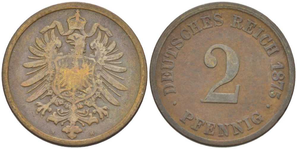 ГЕРМАНИЯ 2 ПФЕННИГА 1875 H, СТАРОГЕРБОВКА KM 2, J. 2, Weege 3 медь 212-532
