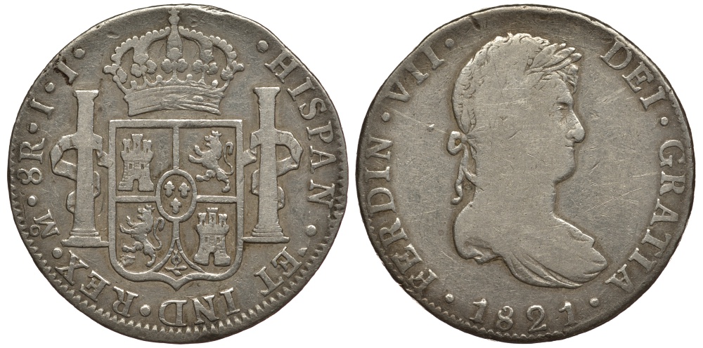 Мексика 8 реалов 1821 JJ, монетный двор Mo (Мехико Сити), Фердинанд VII Испанский (1808-1821) KM 111 серебро 1-275-13
