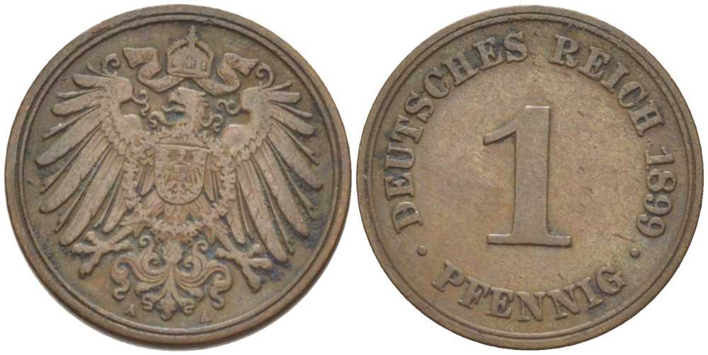 ГЕРМАНИЯ 1 ПФЕННИГ 1899 A KM 10, J. 10, Weege 2 медь 211-235