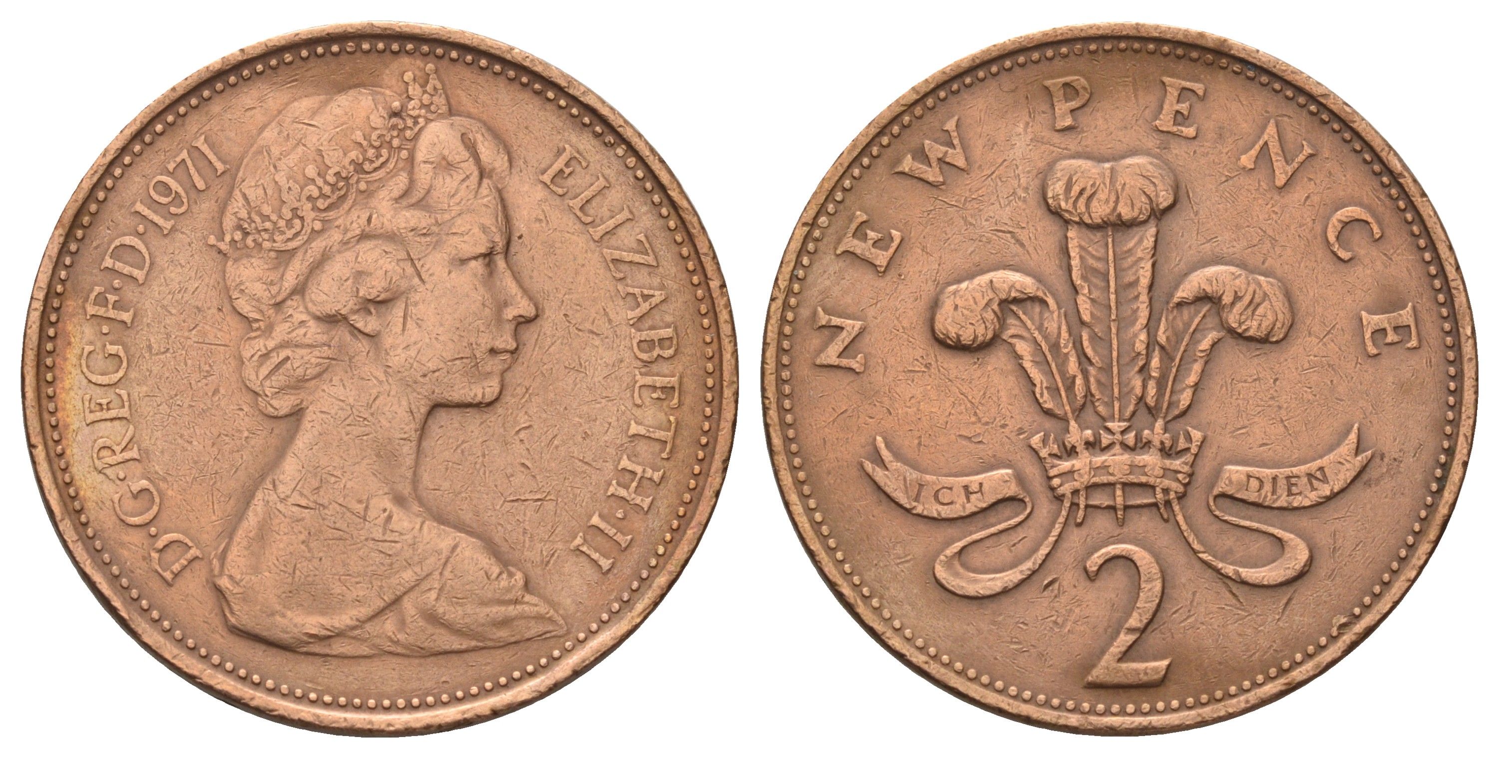 Великобритания 2 пенса 1971 Елизавета II (1952-2022) KM 916, Spink 4235 (C1) бронза 4671-512