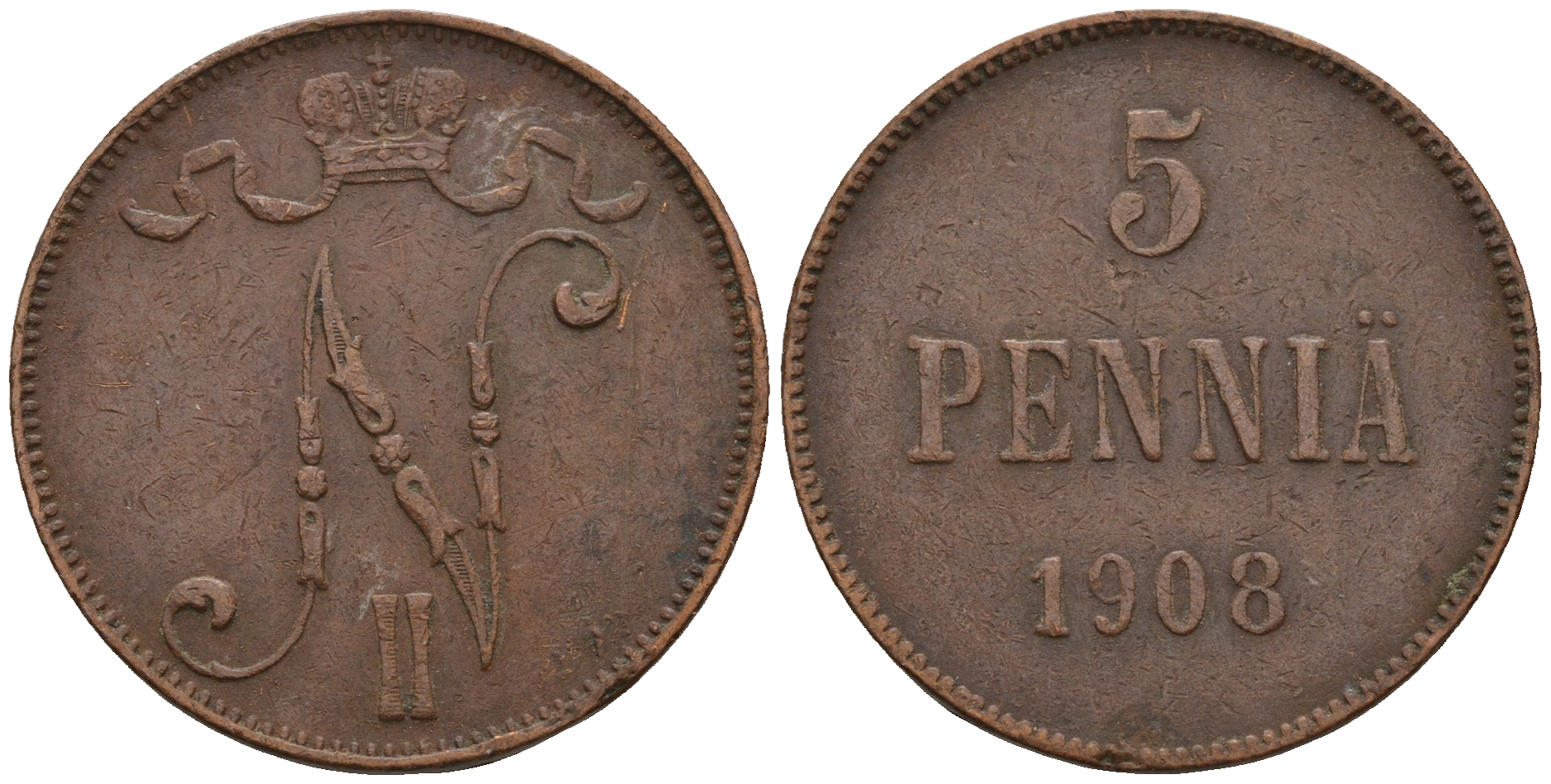 Россия для Финляндии 5 пенни 1908 Николай II (1894-1917) KM 15, Биткин 449 медь 259-1155