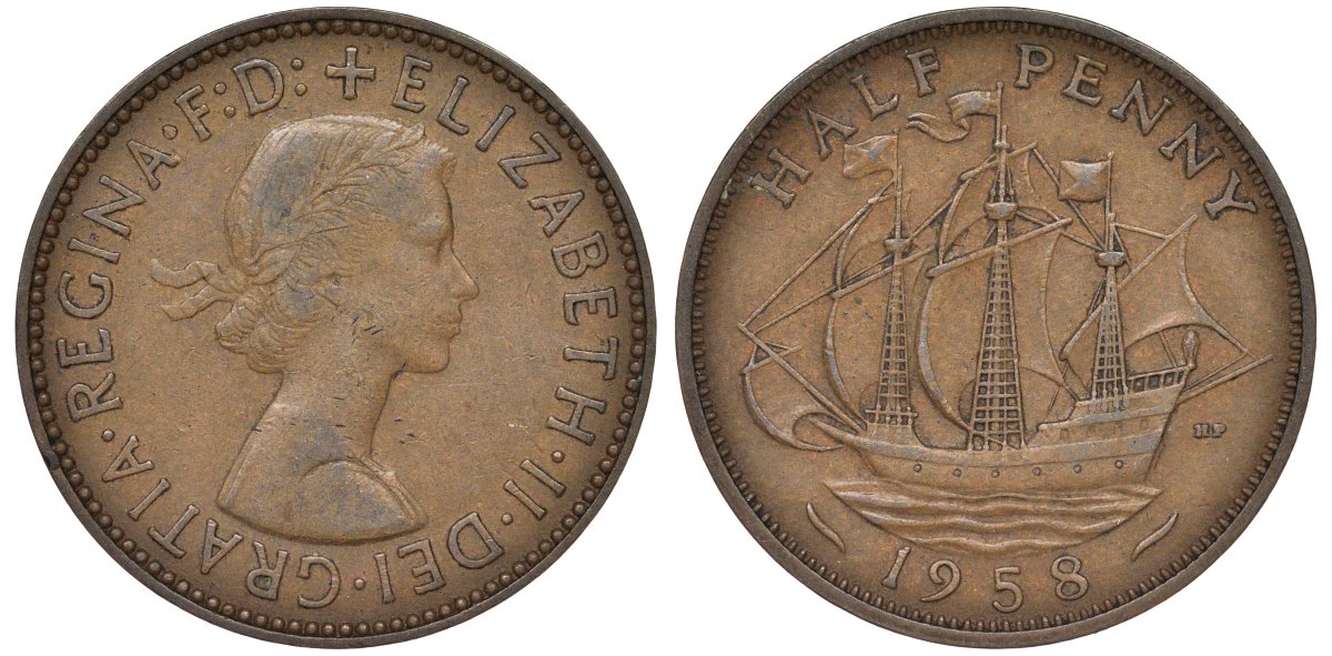 Великобритания 1/2 пенни 1958 Елизавета II (1952-2022) KM 896, Spink 4158 бронза 4128-856
