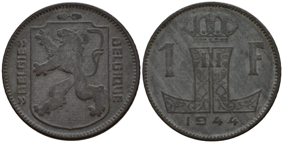 Бельгия 1 франк 1944 Belgie - Belgique KM 128 цинк 67-723