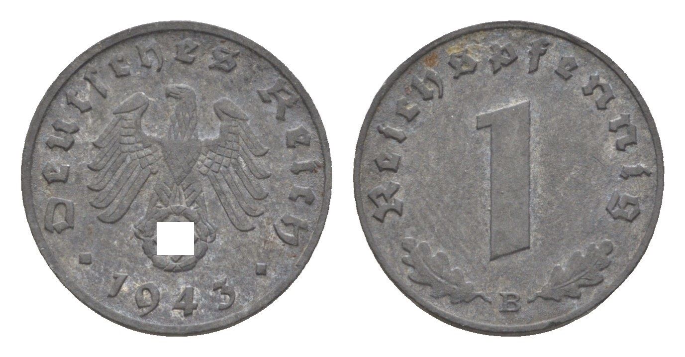 Германия 1 рейхспфенниг 1943 B KM 97, J.369 цинк 4613-449