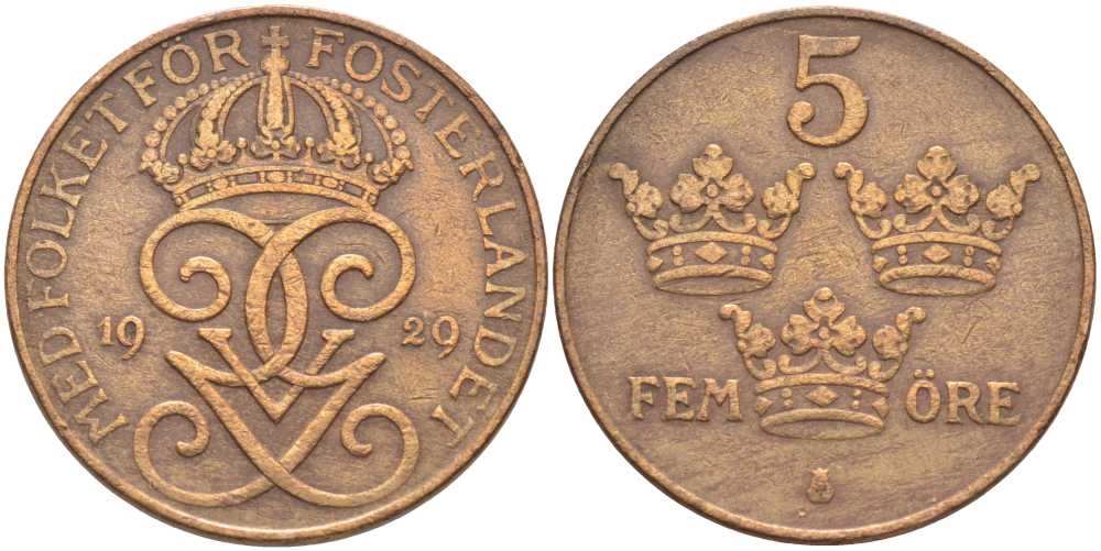 Швеция 5 эре 1929 Густав V (1907-1950) KM 779.2 бронза 115-845