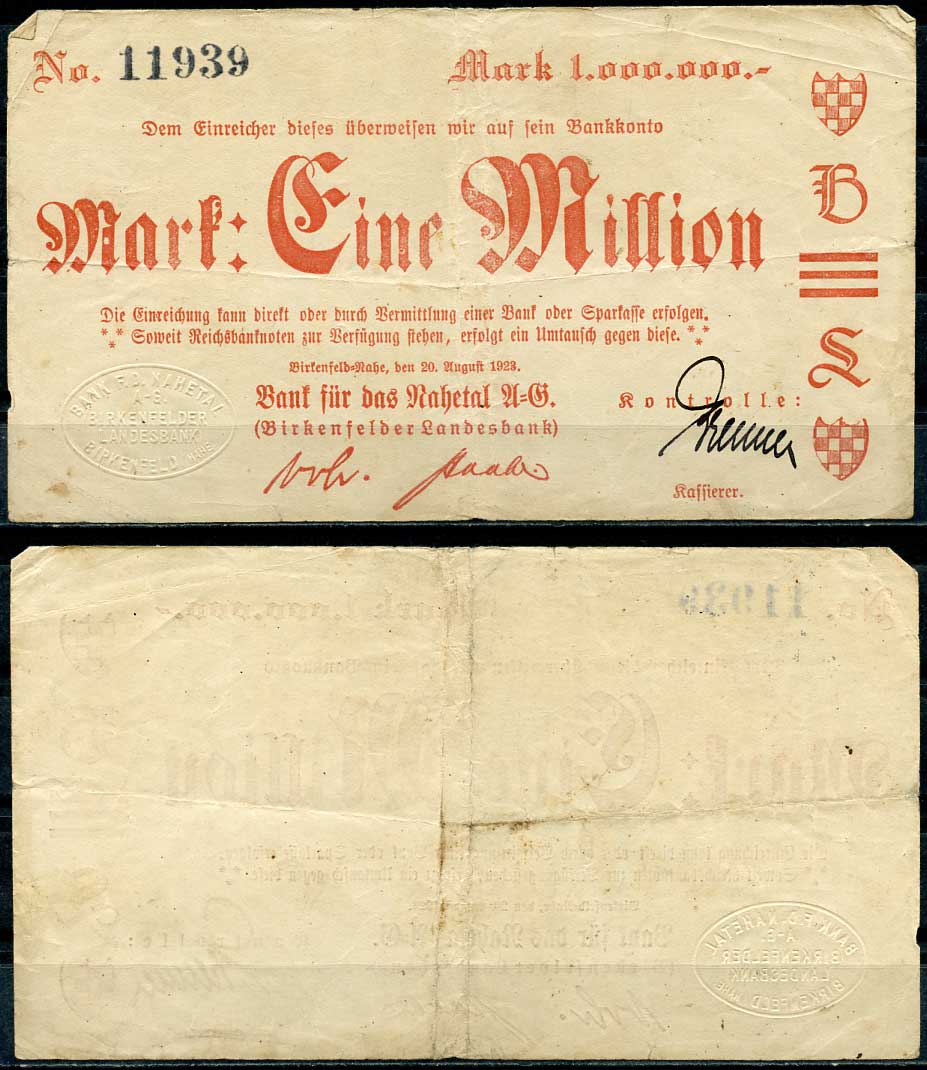 Германия, Биркенфельд 1000000 марок 1923 нотгельд, 20.08.1923 бумага 444-111-1-2