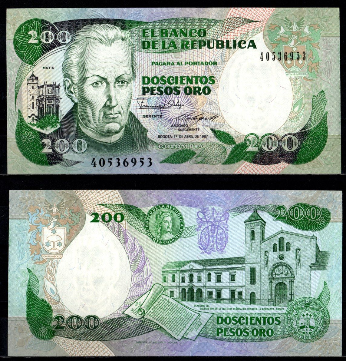 Колумбия 200 песо 1987 Pick 429 d бумага UNC (пресс) 7191-49-2-1
