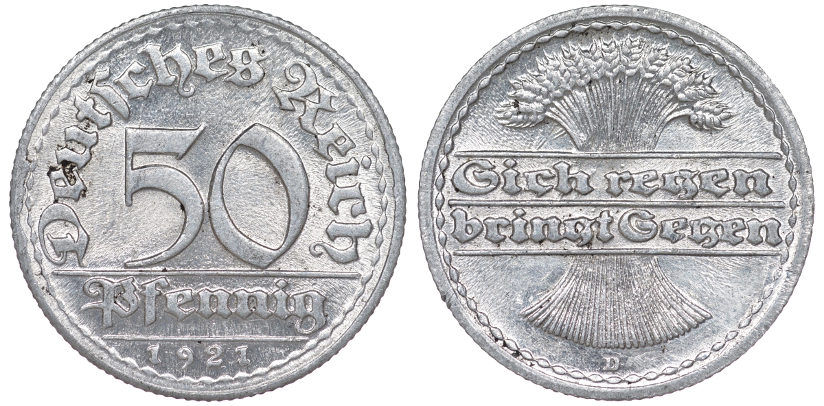 Германия 50 пфеннигов 1921 D KM 27, J. 301 алюминий aUNC 4114-846
