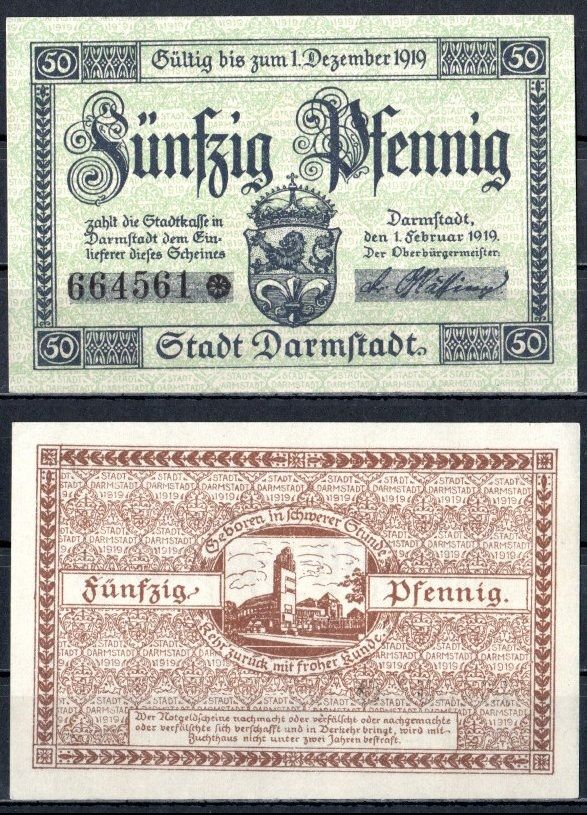Дармштадт (Гессен) 50 пфеннигов 1919 Mehl Grabowski D5.3 бумага UNC (пресс) 7555-59-1-1