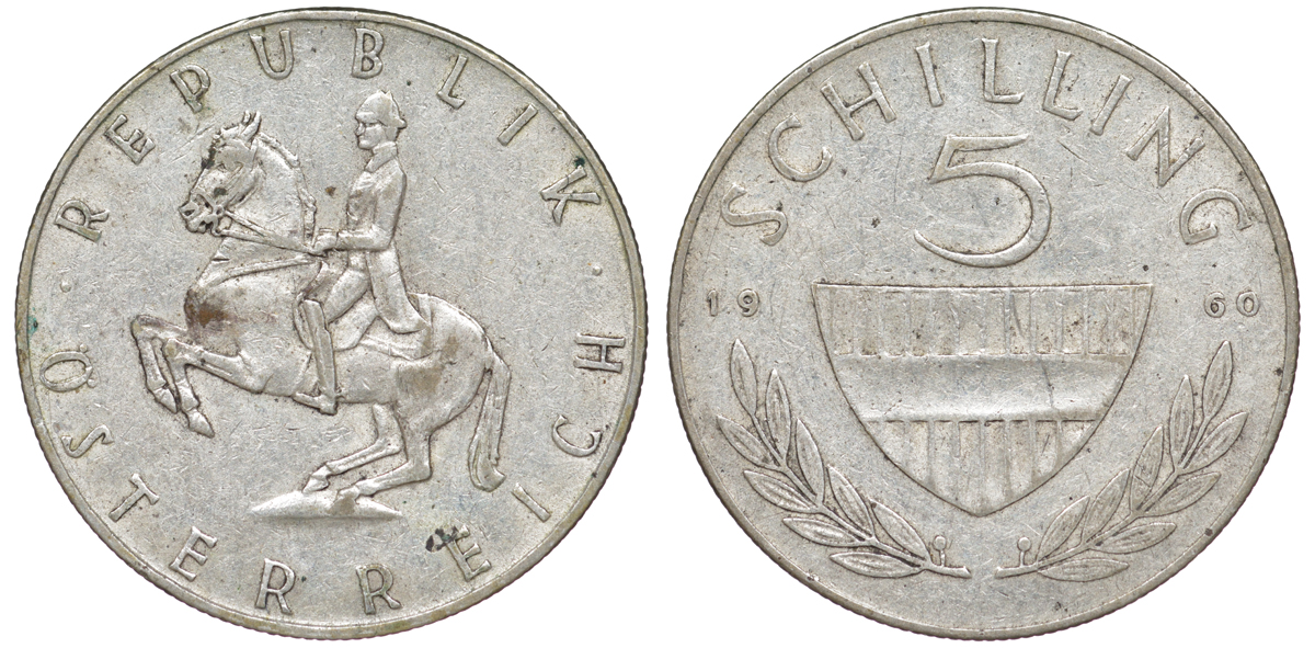 Австрия 5 шиллингов 1960 KM 2889 серебро 4178-551