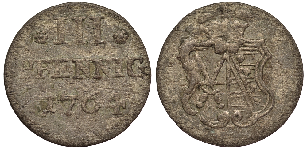 Саксония 3 пфеннига 1764 Фридрих Август III (1763-1806), из коллекции Gerhart Rother Kahnt 1134, Buck 101, Slg. Merseburger 1912, Gotz 6056 серебро 413-6442