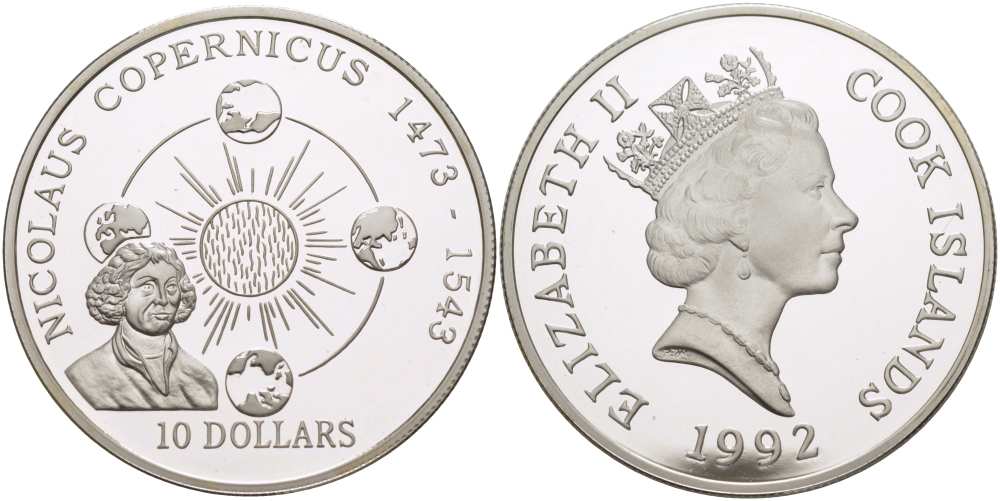 Острова Кука 10 долларов 1992 Николай Коперник (1473-1543) KM 136 серебро PROOF 00-00