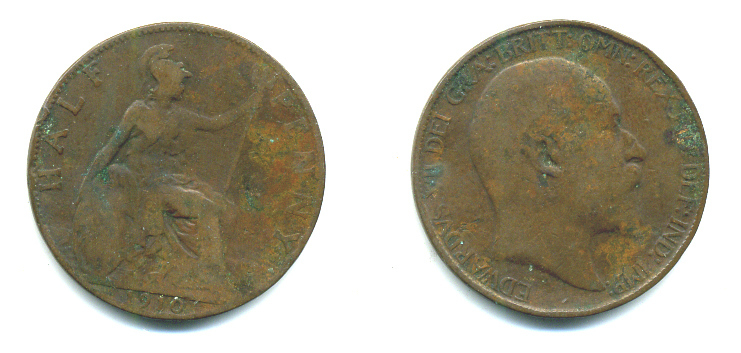 Великобритания 1/2 пенни 1910 Эдуард VII (1901-1910) KM 793.2, Spink 3991 бронза 4383-351