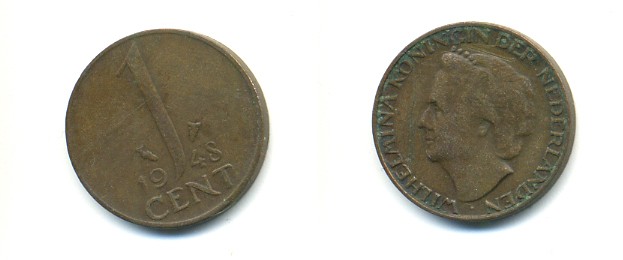 Нидерланды 1 цент 1948 Вильгельмина (1890-1948), год тип KM 175 бронза 80-941
